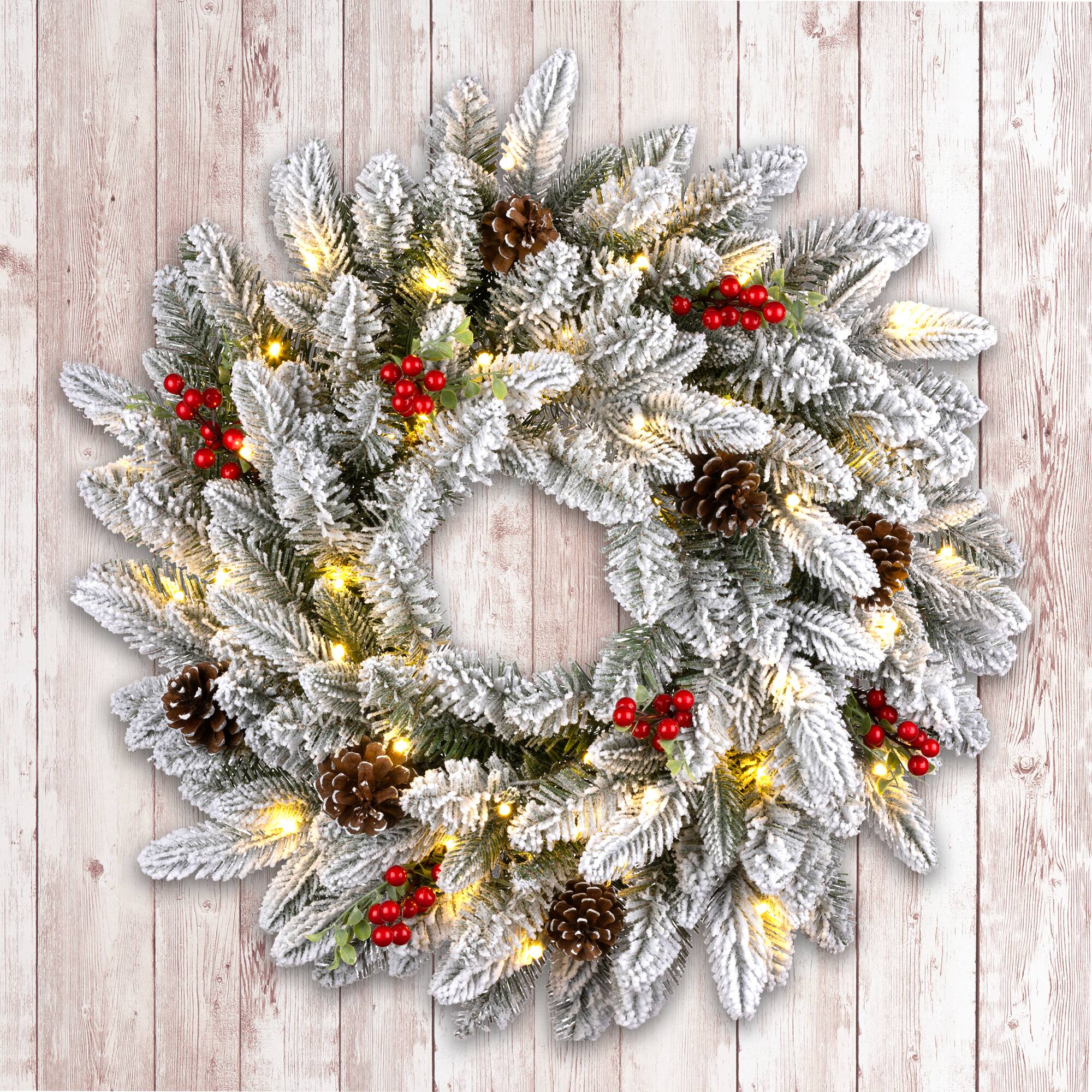 24" Snowberry Warm White LED Pre-Lit Pine Wreath